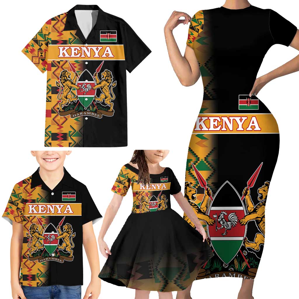 Custom Kenya Coat Of Arms Family Matching Short Sleeve Bodycon Dress and Hawaiian Shirt With Kente Patterns LT18