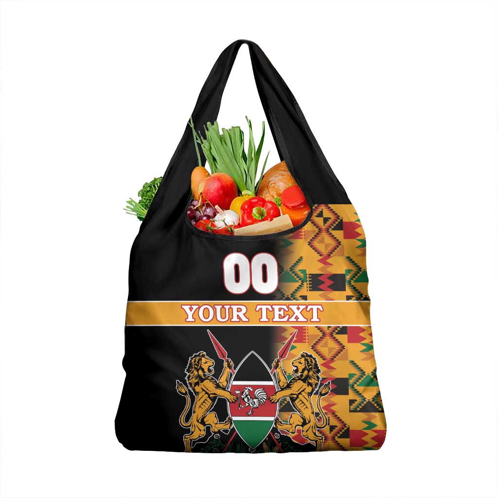 Custom Kenya Coat Of Arms Grocery Bag With Kente Patterns