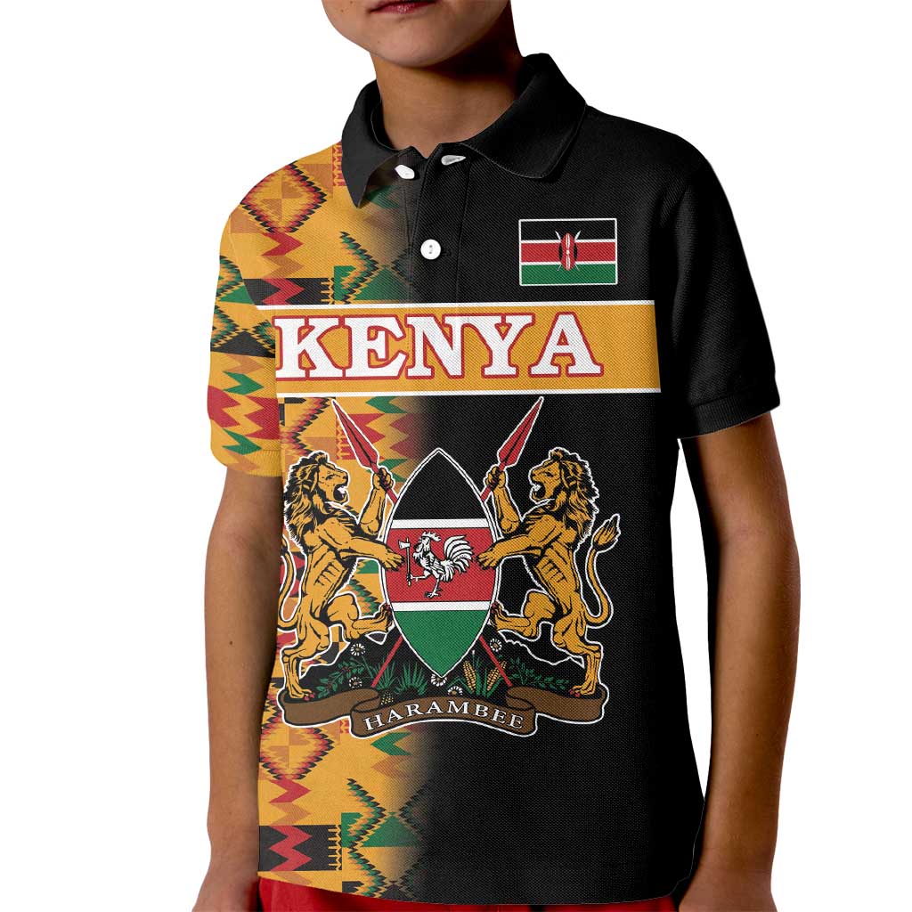 Custom Kenya Coat Of Arms Kid Polo Shirt With Kente Patterns LT18