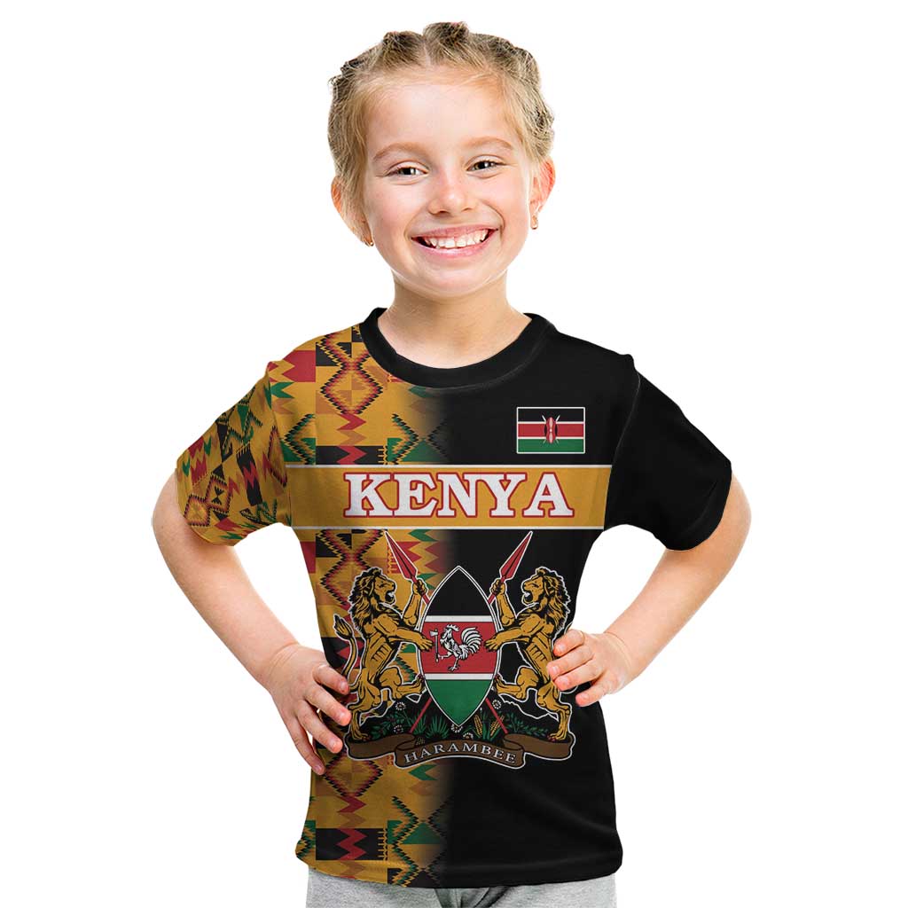 Custom Kenya Coat Of Arms Kid T Shirt With Kente Patterns LT18