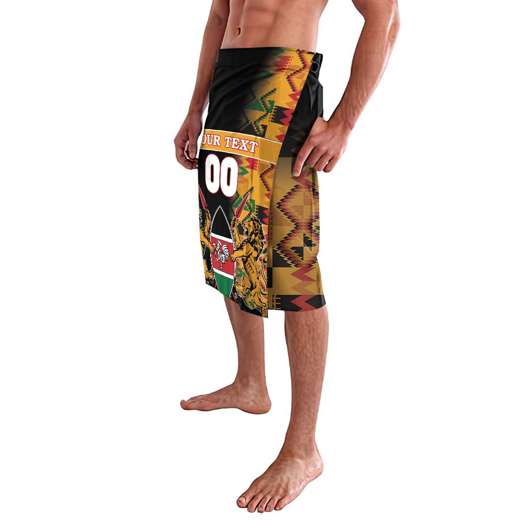 Black beach shorts with Kenya crest, Kente geometric panel and side print