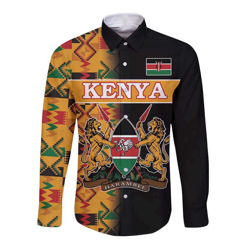 Black long-sleeve button shirt with Kenya crest and colorful kente-pattern side panel