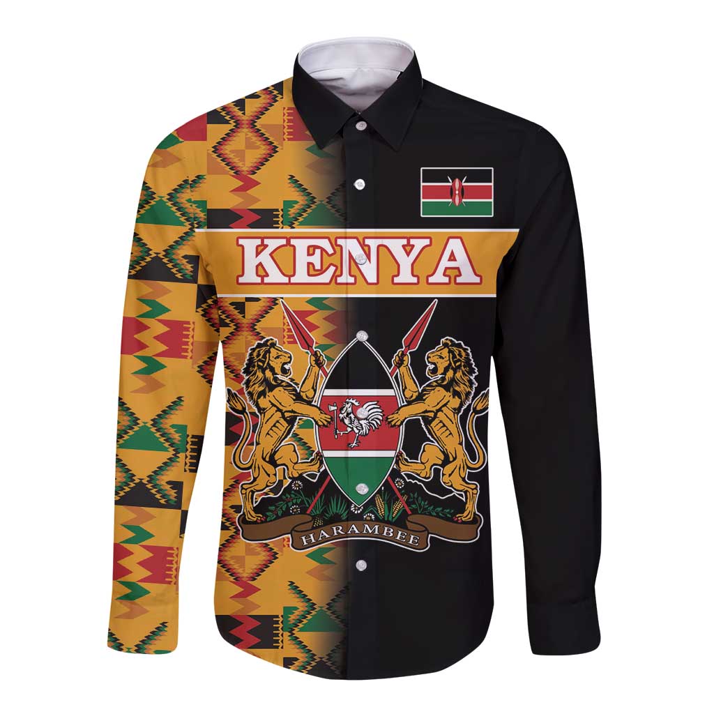 Custom Kenya Coat Of Arms Long Sleeve Button Shirt With Kente Patterns LT18