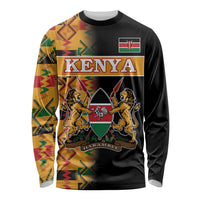 Black long-sleeve crewneck shirt with Kenya crest emblem and colorful Kente-pattern panels