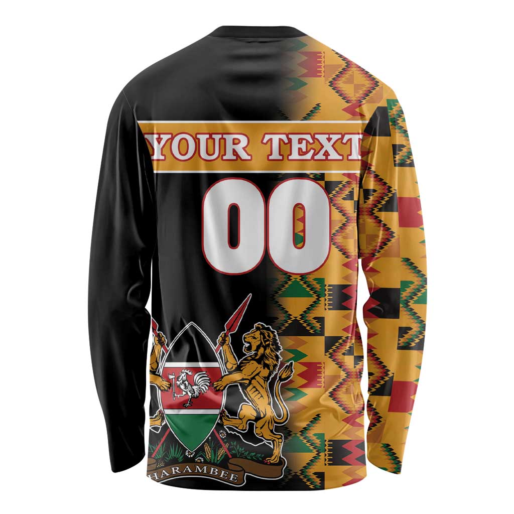 Black long-sleeve crewneck shirt with custom text panel and Kenya crest on back