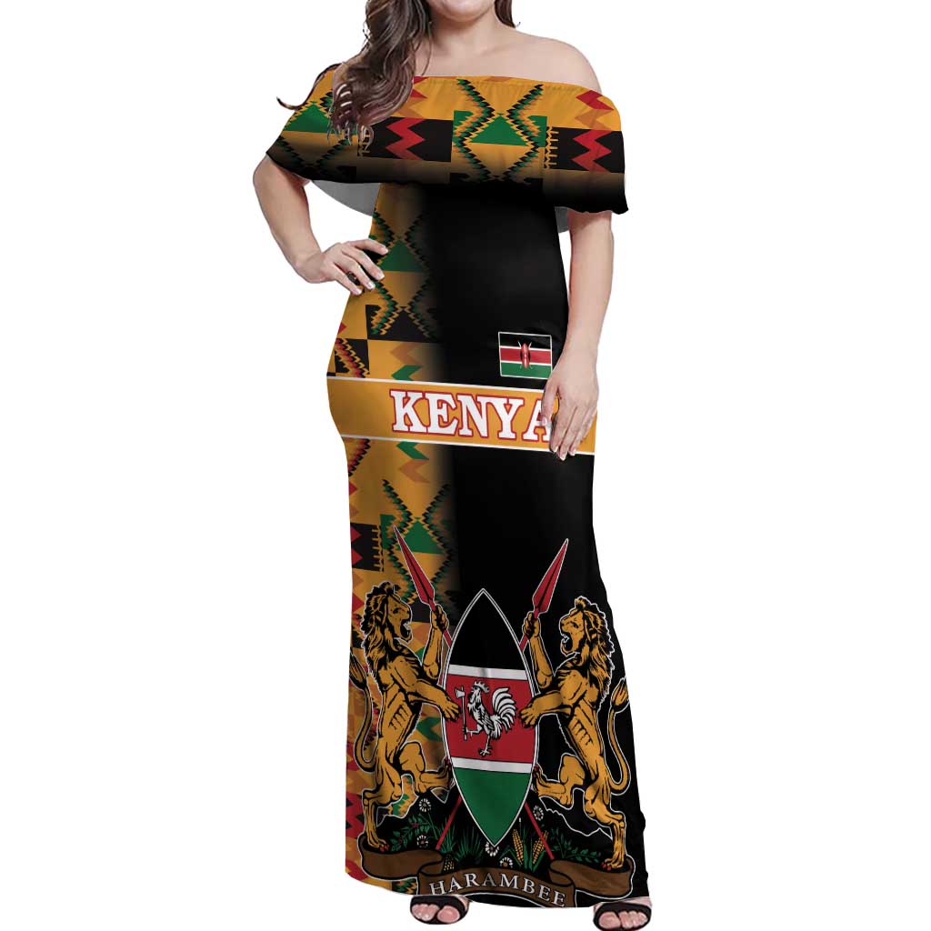 Custom Kenya Coat Of Arms Off Shoulder Maxi Dress With Kente Patterns LT18