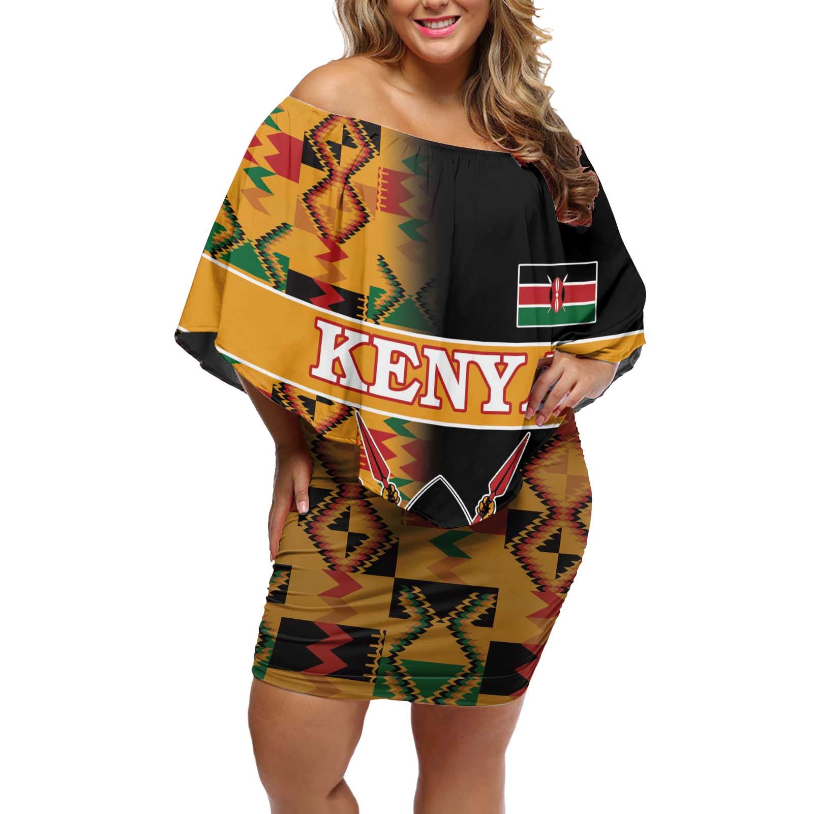 Custom Kenya Coat Of Arms Off Shoulder Short Dress With Kente Patterns LT18