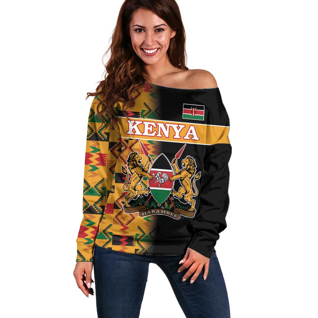 Custom Kenya Coat Of Arms Off Shoulder Sweater With Kente Patterns LT18