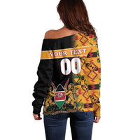 Off-shoulder sweater back with kente pattern panel, 'YOUR TEXT' and large 00 graphic