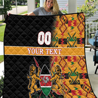Custom quilt: black quilting, 00 and YOUR TEXT, kente border, coat-of-arms lions