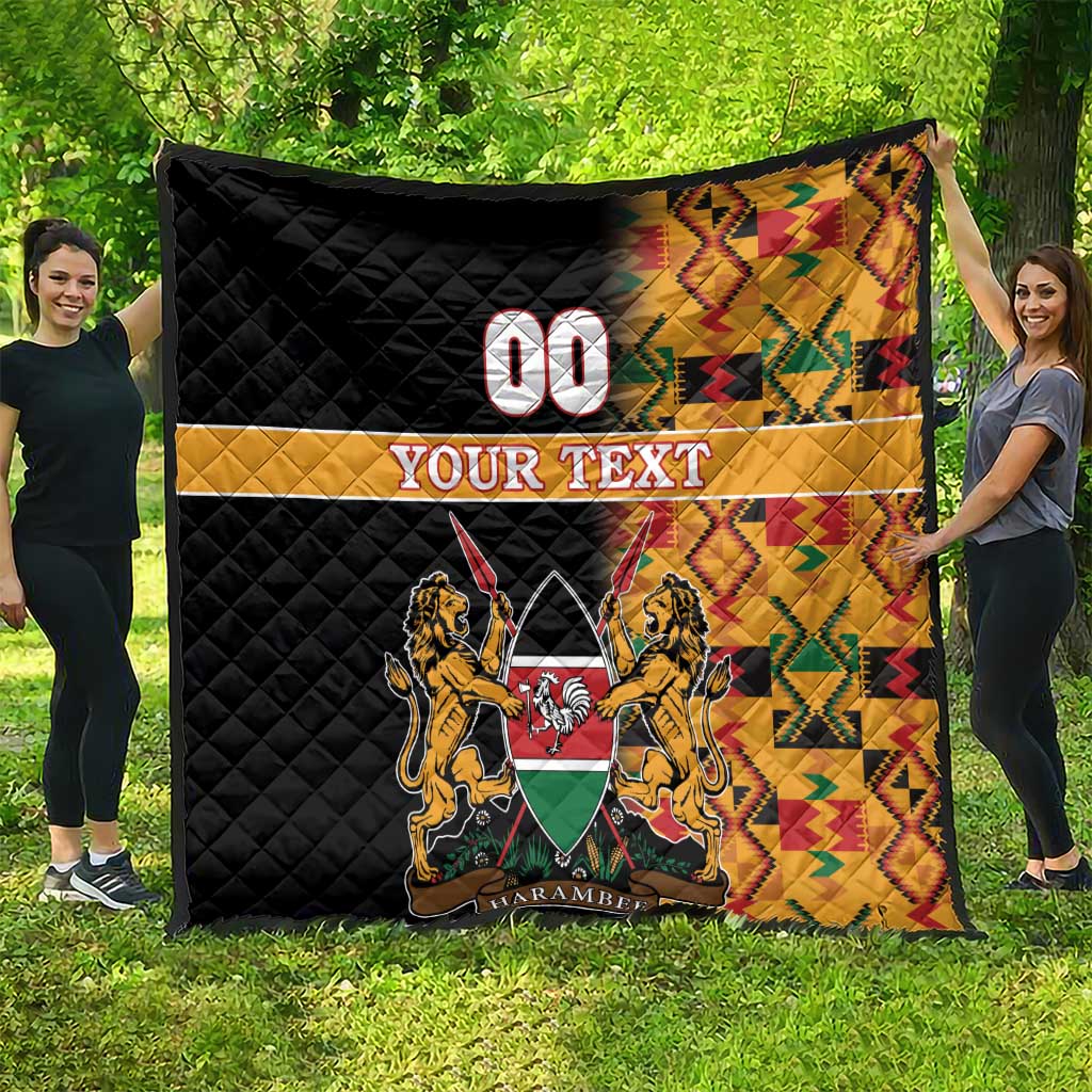 Custom quilt with black quilting, 00 and YOUR TEXT, kente side pattern, HARAMBEE coat