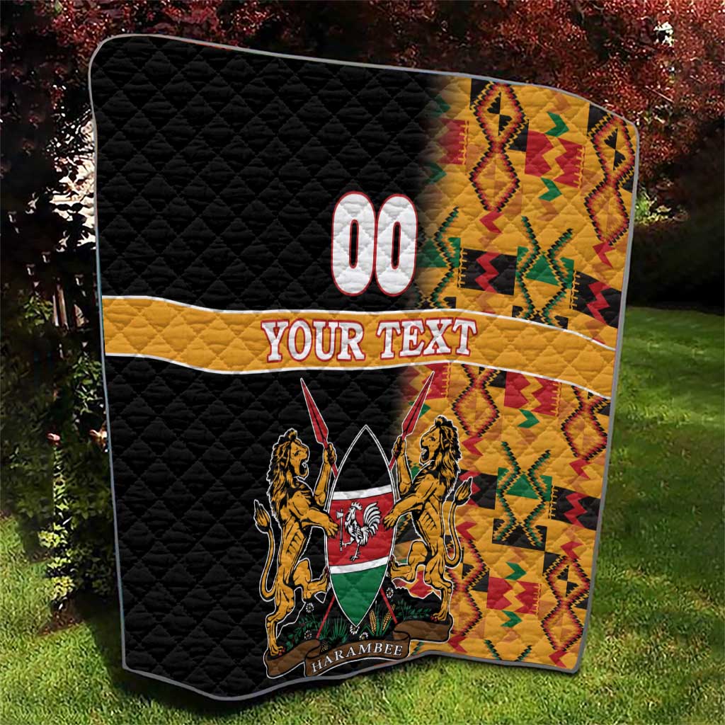 Custom quilt with black center, yellow kente pattern strip, 00 YOUR TEXT, lions shield