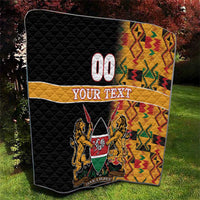 Custom quilt with black center, yellow kente pattern strip, 00 YOUR TEXT, lions shield
