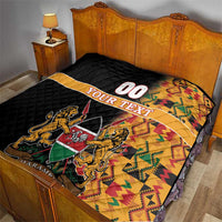 Custom quilt with black quilting, diagonal kente pattern, 00 YOUR TEXT, coat-of-arms lions
