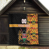 Custom quilt with black quilting, kente corner panel, 00 and YOUR TEXT, HARAMBEE crest