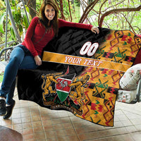 Custom quilt with black quilting, yellow kente right side, 00 YOUR TEXT, lions emblem