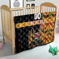 Custom quilt with black quilting, 00 and YOUR TEXT banner, kente border, lion crest