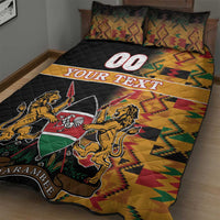 Black quilt bed set with colorful Kente panels and coat-of-arms lions over 'YOUR TEXT'