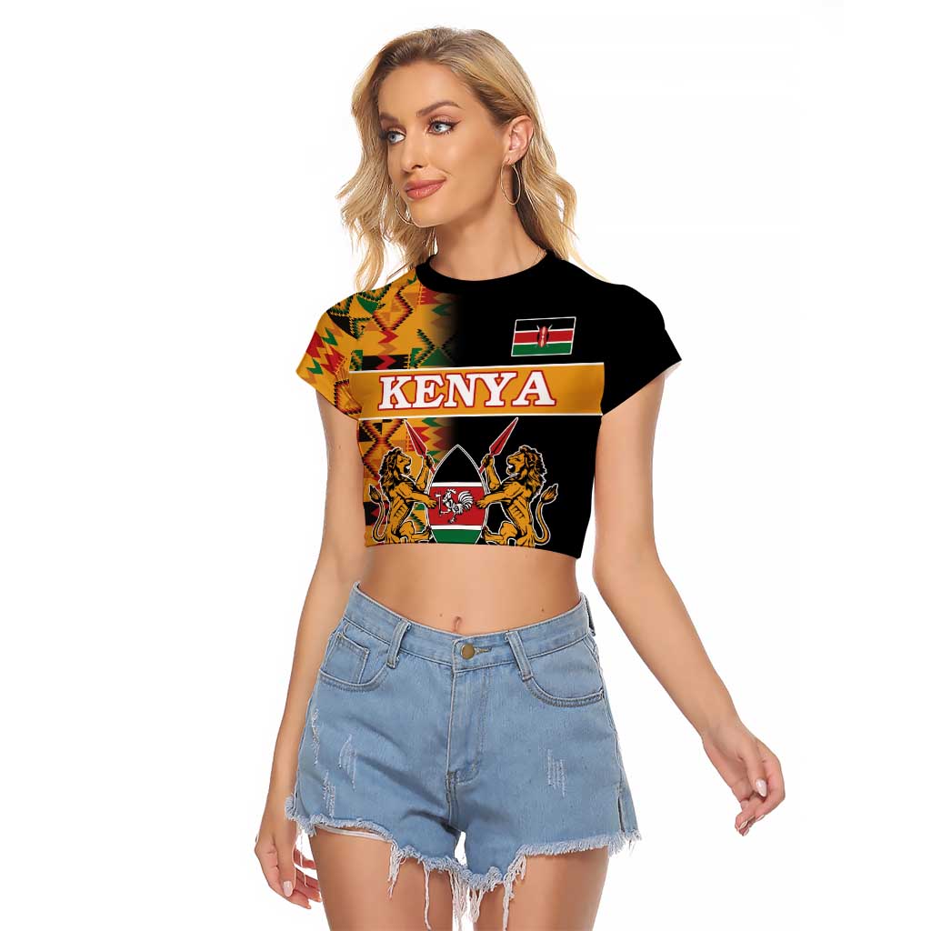 Custom Kenya Coat Of Arms Raglan Cropped T Shirt With Kente Patterns LT18