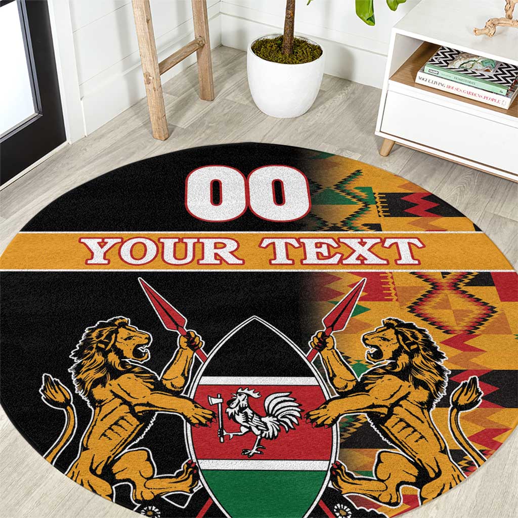 Black round carpet with Kenyan coat of arms, kente border, and “YOUR TEXT”