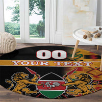 Black round carpet with “00” and “YOUR TEXT”, Kenyan coat of arms, kente band