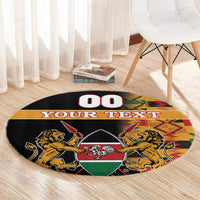 Black round carpet with lion crest and “YOUR TEXT”, Kenyan shield, kente border