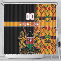 Black shower curtain with kente zigzag panels and lion crest shield; custom text
