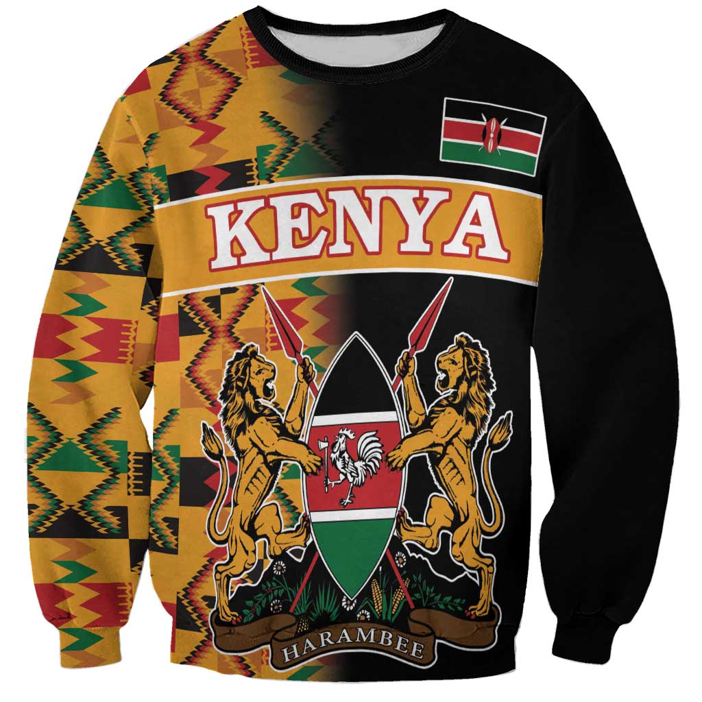 Unisex black sweatshirt with Kenya crest, 'HARAMBEE' text, and kente-pattern sleeves