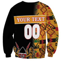 Unisex black sweatshirt with 'YOUR TEXT' and large '00', plus kente-pattern sleeves