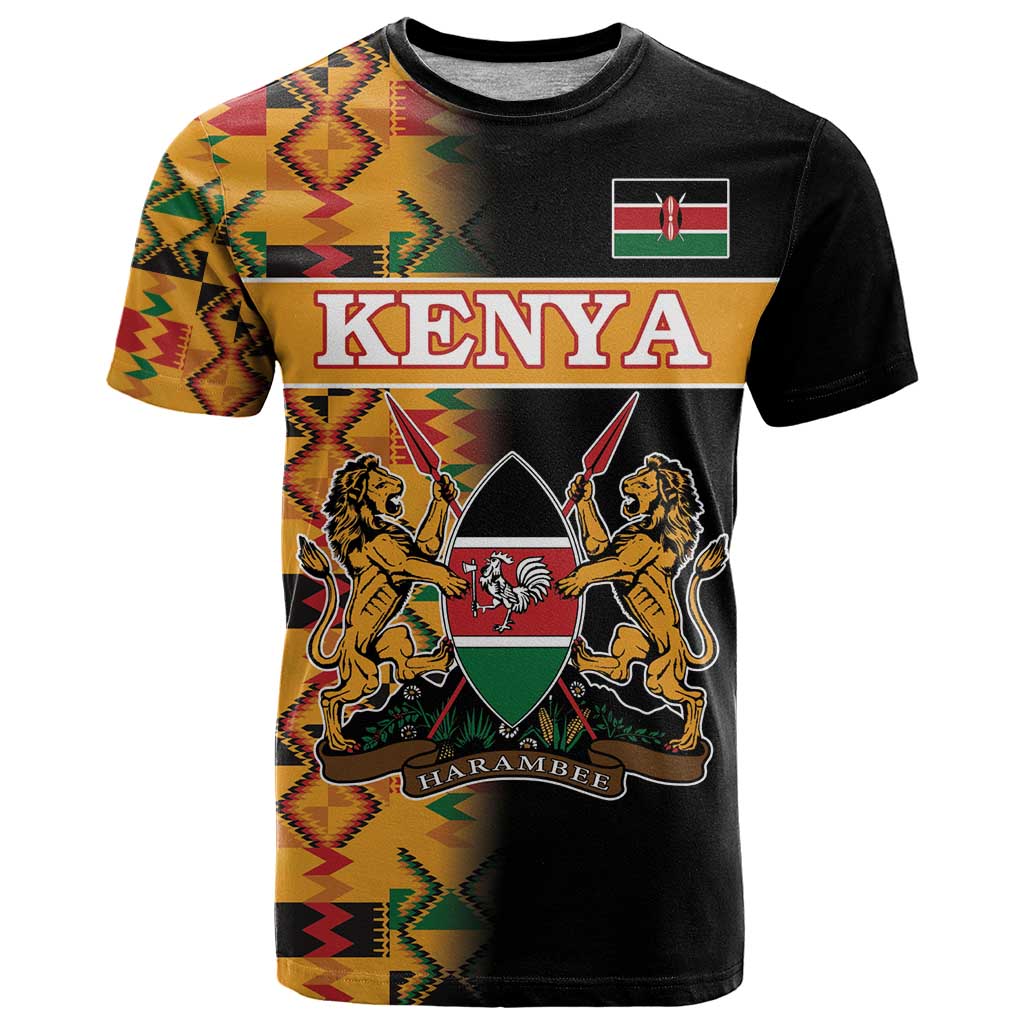 Custom Kenya Coat Of Arms T Shirt With Kente Patterns LT18