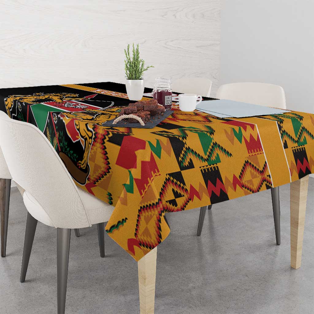 Black kente-pattern tablecloth with coat of arms, draped on dining table.
