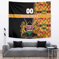 Black Kenya coat of arms tapestry with colorful Kente border and central crest emblem