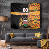 Black Kenya coat of arms tapestry with multicolor Kente border and central shield emblem