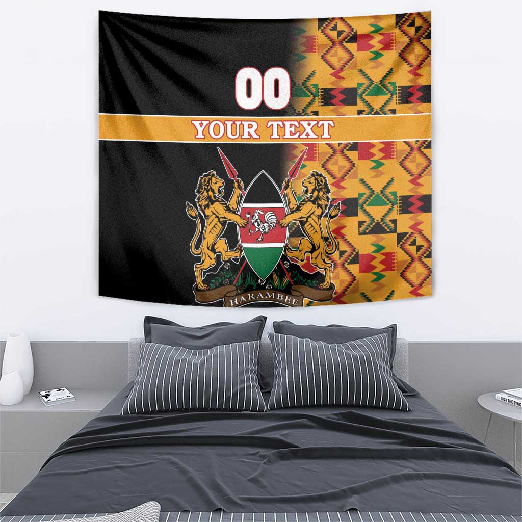 Black Kenya coat of arms tapestry with 'YOUR TEXT' ribbon, heraldic lions, and Kente border
