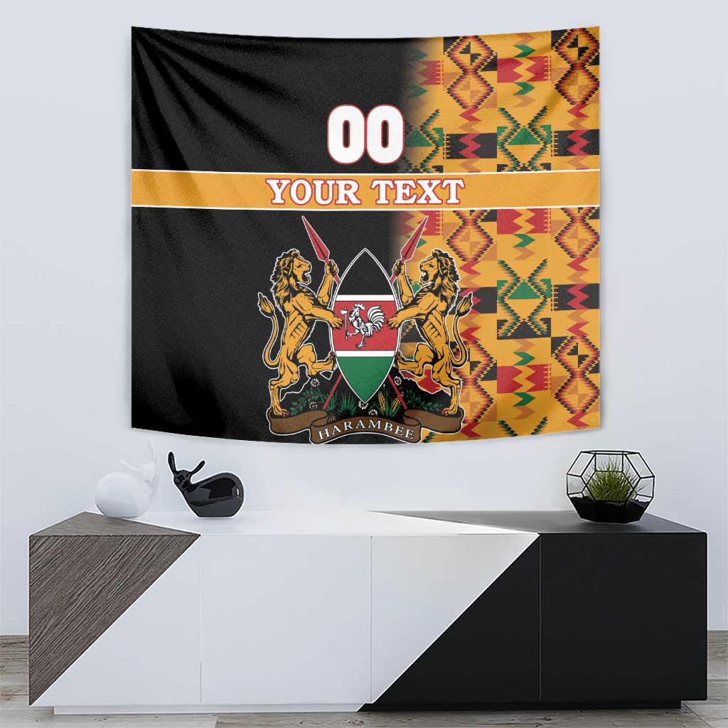 Black Kenya coat of arms tapestry with 'YOUR TEXT' band, lion crest, and multicolor Kente pattern