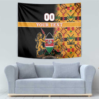 Black Kenya coat of arms wall hanging with 'YOUR TEXT' ribbon and colorful Kente pattern border