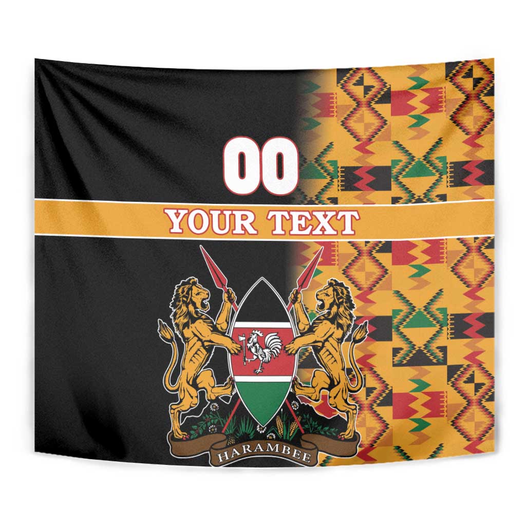Black Kenya coat of arms tapestry close-up with 'YOUR TEXT' band, crest shield, and Kente patterns