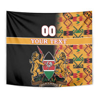 Black Kenya coat of arms tapestry close-up with 'YOUR TEXT' band, crest shield, and Kente patterns