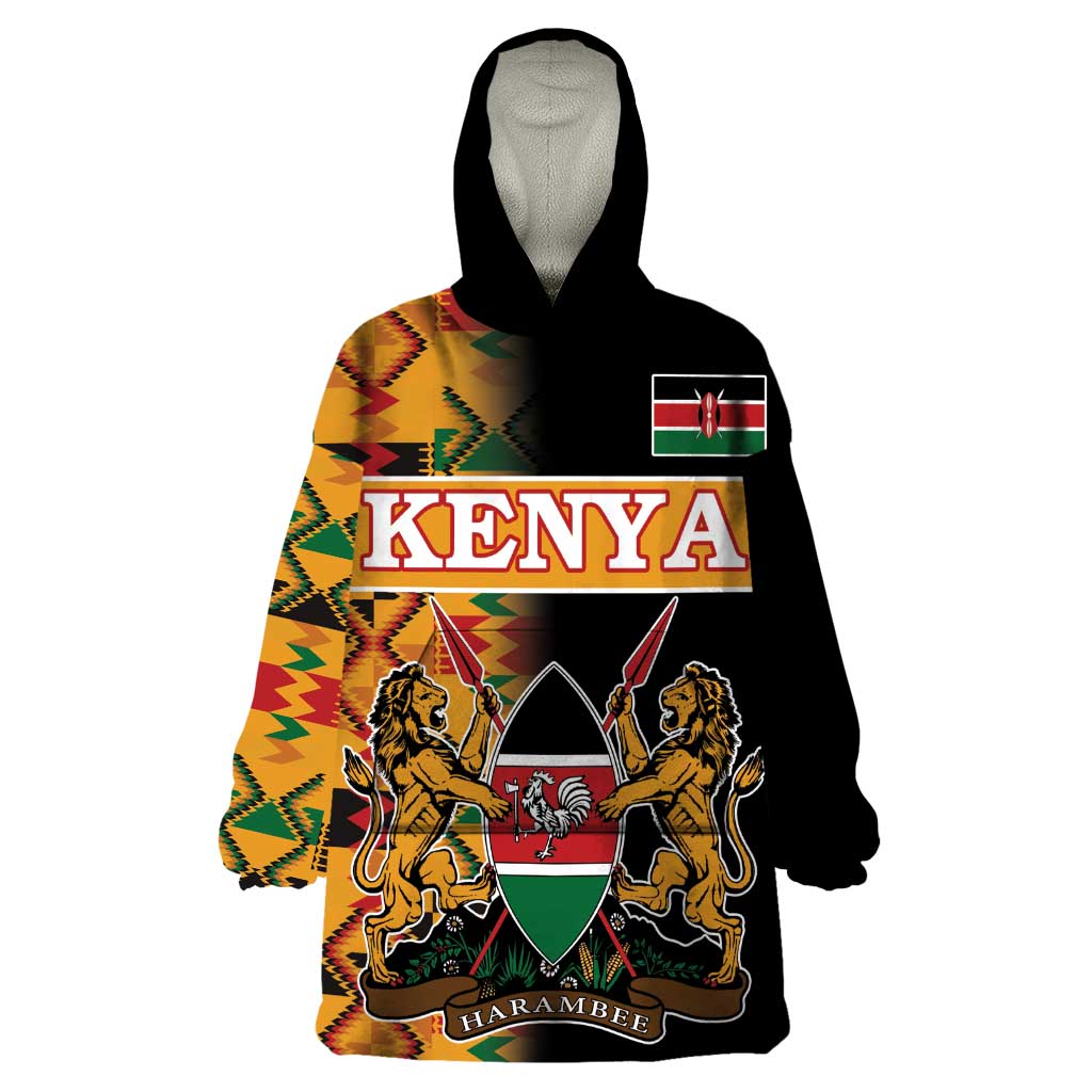 Custom Kenya Coat Of Arms Wearable Blanket Hoodie With Kente Patterns LT18