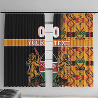 Window curtain pair, black with kente-style patterns and lion crest, custom text panels