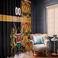 Window curtain pair with black and kente-pattern panels, lion crest and custom text