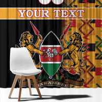 Window curtain panel with lion crest, shield emblem, kente borders, and custom text