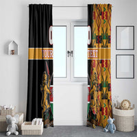 Window curtain set with black drape and kente-pattern panel, lion crest, custom text