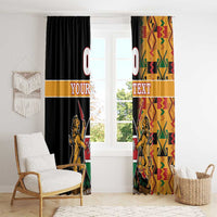Window curtain pair with black left and kente-pattern right panel, lion crest, custom text