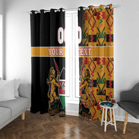 Window curtain pair with black panels and kente-pattern side, lion crest and custom text