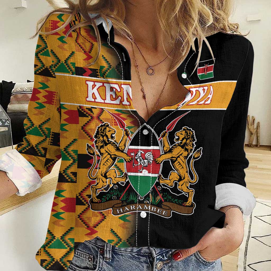 Custom Kenya Coat Of Arms Women Casual Shirt With Kente Patterns LT18