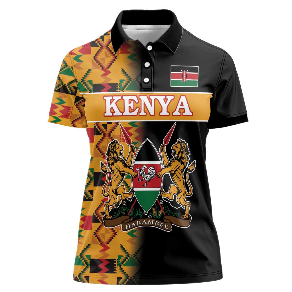 Custom Kenya Coat Of Arms Women Polo Shirt With Kente Patterns LT18