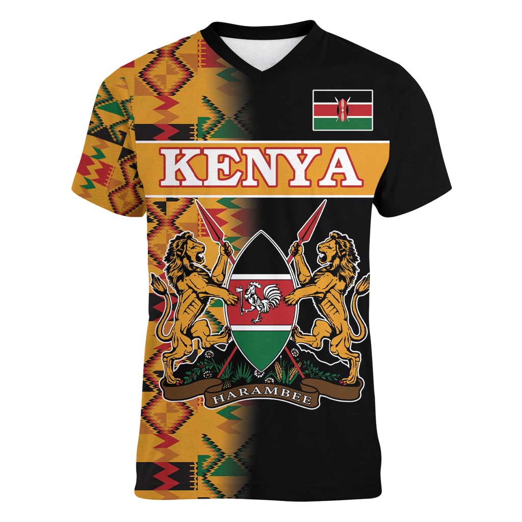 Custom Kenya Coat Of Arms Women V-Neck T-Shirt With Kente Patterns LT18