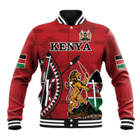Red baseball jacket with 'KENYA' front print, lion crest, and striped ribbed cuffs