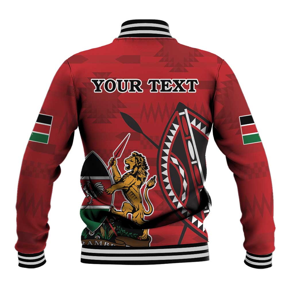 Red baseball jacket with striped collar, cuffs, Kenyan crest, and 'YOUR TEXT' back print